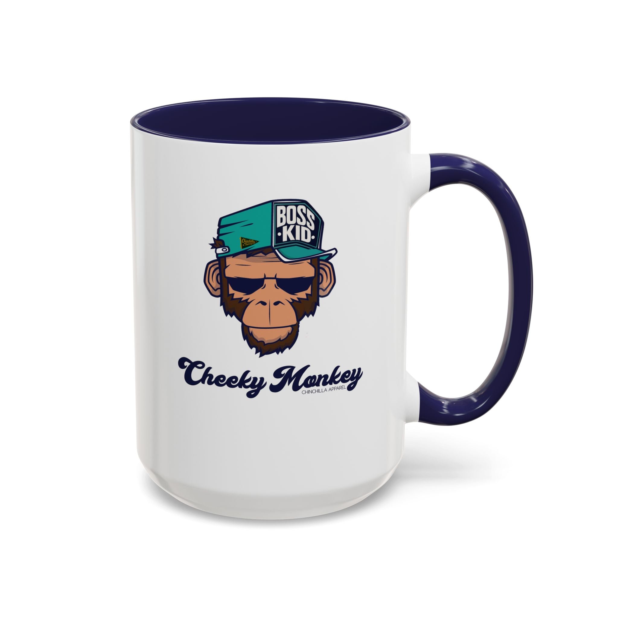 Mug with monkey graphic and text 'Boss Kid Cheeky Monkey' on a white background